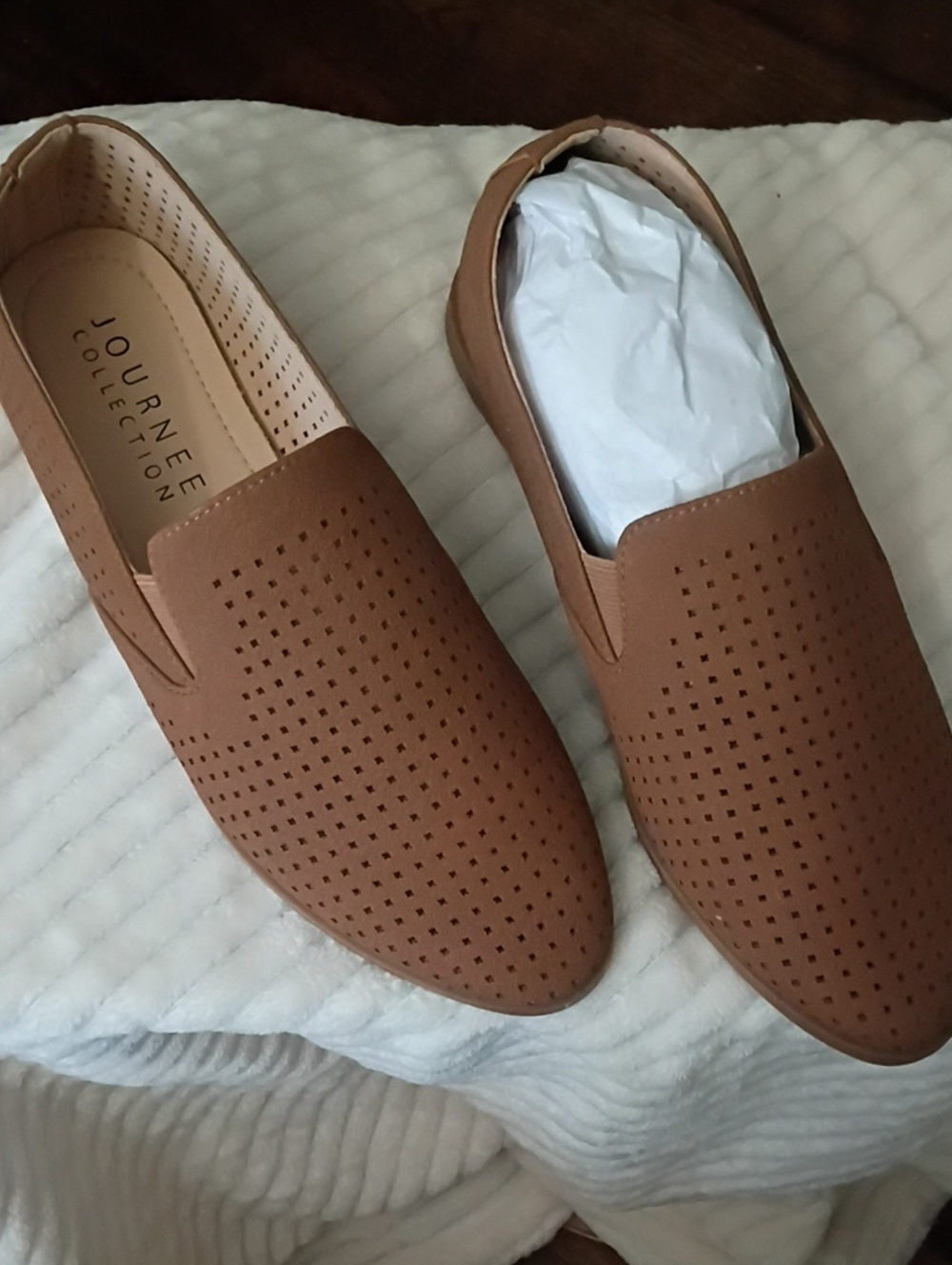 Journee Collection Women's Light Brown Perforated Slip-On Loafers